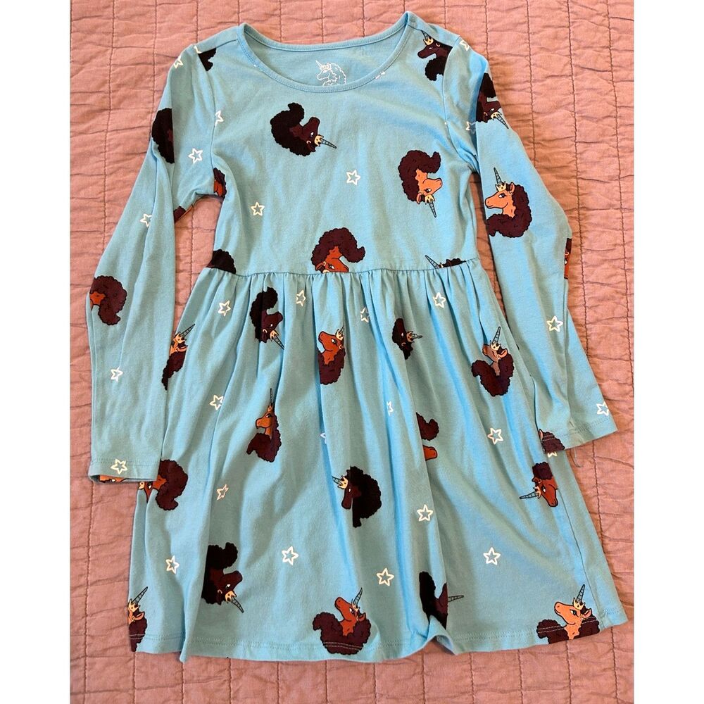 Afro Unicorn Girl's Long Sleeve Skater Dress Aqua Blue Size Medium